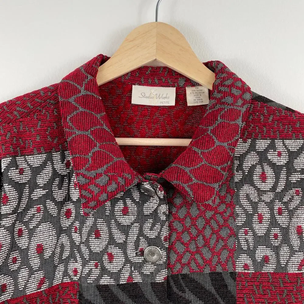 Vintage 90s Patchwork Tapestry Shacket Red Black Abstract Retro - Size MP